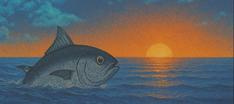 Tuna swimming at sunset over the ocean